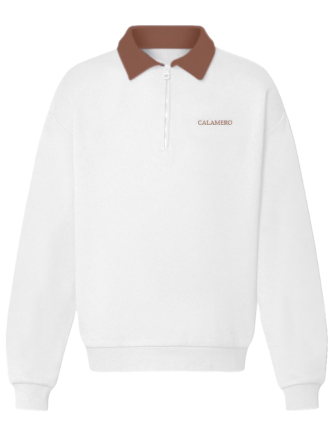 Calamero- Half Zipped Cotton Sweatshirt White/Brown